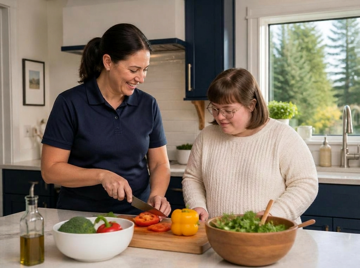 Caregiver preparing a healthy meal with an adult client